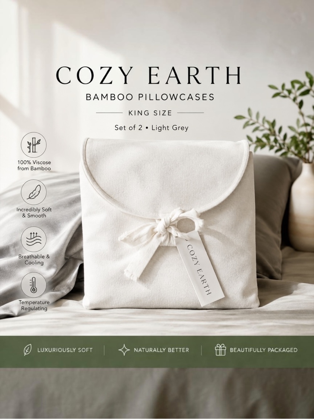 Cozy Earth Bamboo Pillowcases King Light Grey Set of 2 NWT Luxury Bedding